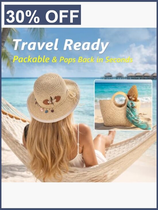 UPF 50+ Ponytail Sun Hat Wide Brim Handwoven Straw Packable Beach main image 7